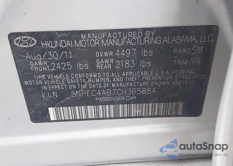 2012 Hyundai Sonata Se 2.0T from USA, damaged, VIN 5NPEC4AB7CH365884